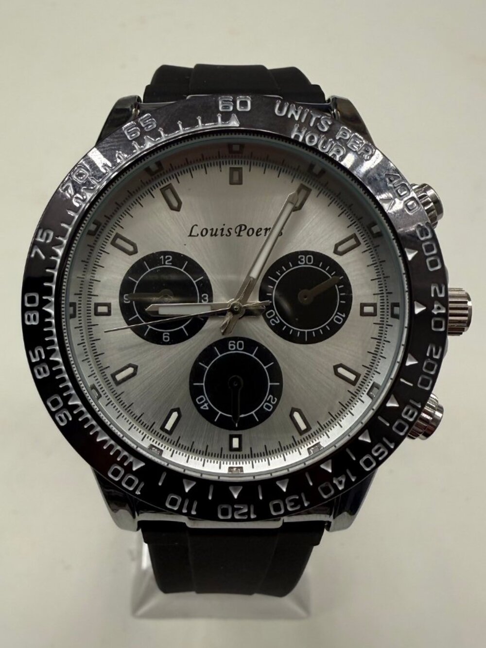 LOUIS POEMS MENS BLACK SILVER 42MM RUBBER BAND WATCH NEW